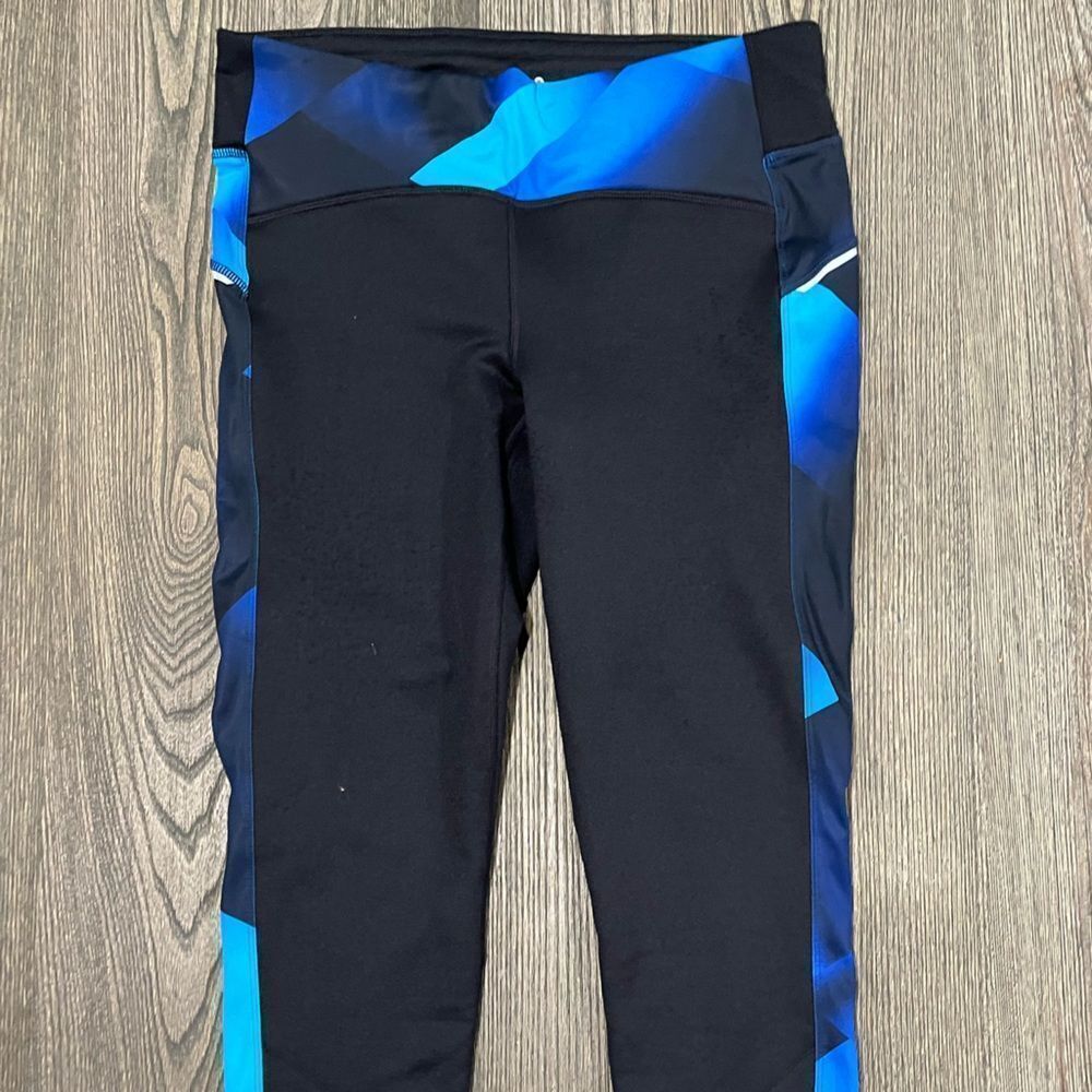 Athleta Womens Power Lift Tight Fleece Lined High Rise Printed Black Blue Size L - Picture 3 of 11